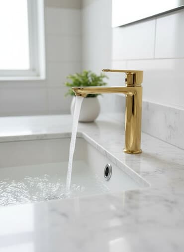 смеситель для фильтра: Представлен смеситель для раковины, выполненный в золотом цвете. Он — 1