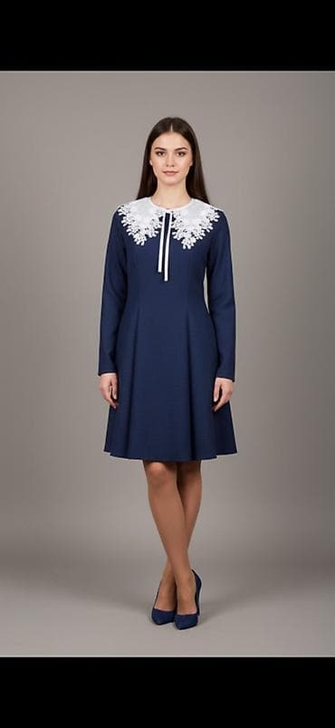 осенний платье: Платье с длинным рукавом и контрастным кружевным воротником-пелериной — 2