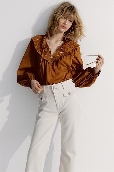 стильные белые блузки: Блузка H&M горчичного цвета с вышивкой, длинным рукавом и — 2