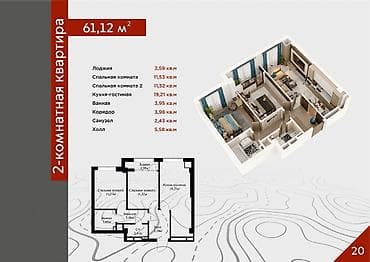 кок эар: 3 комнаты, 61 м², Элитка, 5 этаж, Готовая ПСО (под самоотделку) — 2