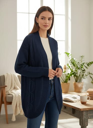 брендовые кардиганы: Вязаный кардиган Blue Motion - Модель: без застёжки, с широкими — 1