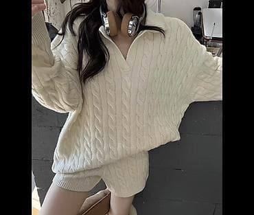 окуу кийим: Вязаный костюм из двух предметов: свитер + шорты, молочный цвет. - — 2