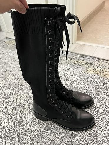 сапоги женские: Высокие женские ботинки/сапоги на шнуровке, черные. - Дизайн: высокая — 6