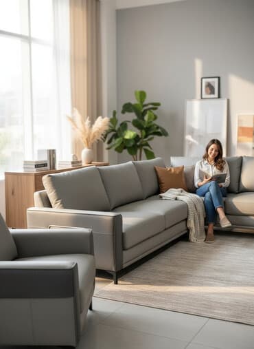 Современный комплект мягкой мебели из экокожи - Состав: диван и