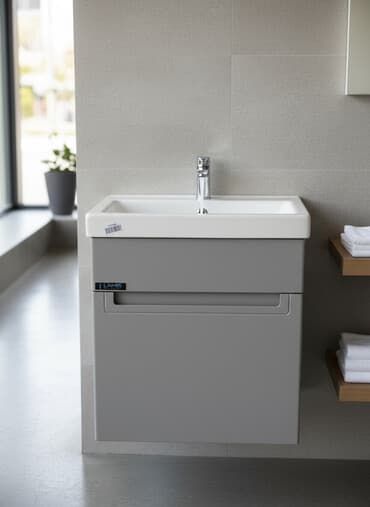 навесной шкаф для ванной: Тумба под раковину серого цвета с прямоугольной раковиной из белой — 1