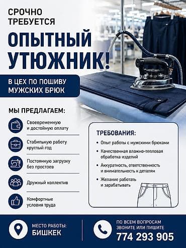 Гладильщик, Штаны, брюки, Опыт работы: 3-5 лет опыта, Мужчина