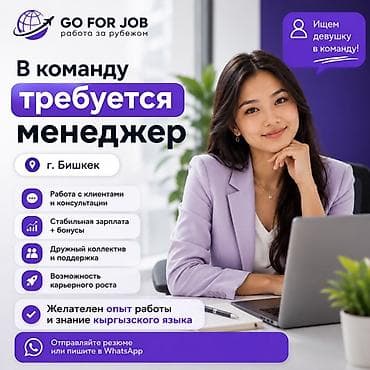 Вакансиялар: Талап кылынат Сатуу боюнча менеджер, Иш тартиби: Беш күндүк, Толук жумуш күнү, Карьера жактан көтөрүлүү — 1