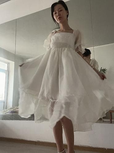 детское платье белое: Вечернее платье, А-силуэт, Шифон, С рукавами, Шлейф, M — 2