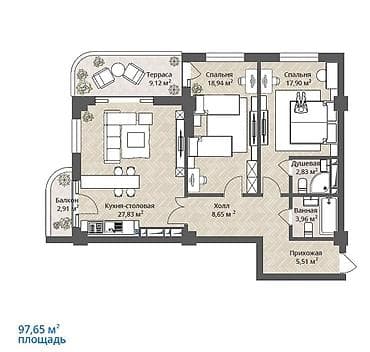 pro group: 3 комнаты, 97 м², Орто-Сай с. Элитка, 7 этаж, ПСО (под самоотделку) — 2