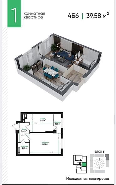 Недвижимость: 1 комната, 40 м², Элитка, 6 этаж, Готовая ПСО (под самоотделку) — 2