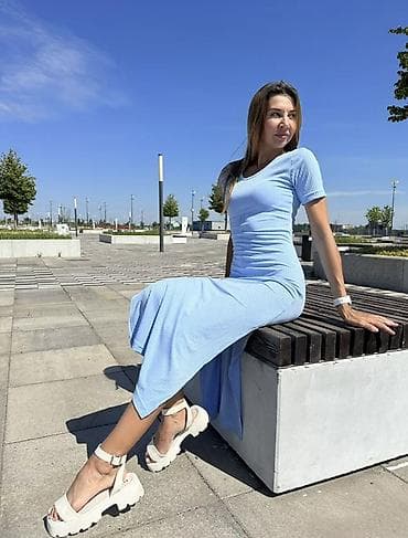 Платье женское трикотажное,голубое Есть завязки на талии, длинное, на at lalafo.kg Платье женское трикотажное,голубое Есть завязки на талии, длинное, на
