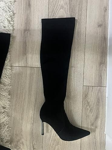 сапоги ботфорды: Черные женские сапоги-чулки на шпильке. - Модель: высокий сапог до — 1