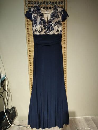 синее вечернее платье в пол: Вечернее платье, Классическое, Длинная модель, Шелк, Без рукавов, Стразы, L — 2