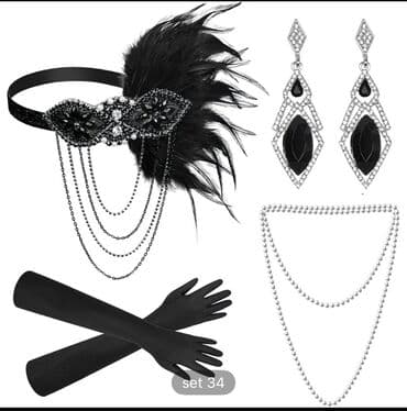 Үлпөт көйнөктөрү жана аксессуарлар: Набор аксессуаров в стиле 1920‑х (ретро/Гэтсби) для женщин. Состав — 2
