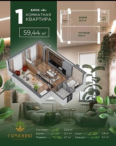 live bar: 1 комната, 59 м², Черёмушки мкр., Элитка, 7 этаж, ПСО (под самоотделку) — 1
