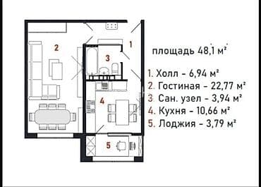 1 комнатная квартира 12 мкр: 1 комната, 48 м², 7 этаж, Готовая ПСО (под самоотделку) — 3