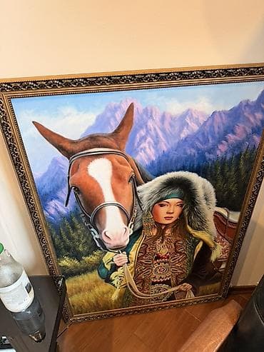 кой бишкек: Картина в раме: девушка с лошадью на фоне гор - Жанр: реалистический — 1