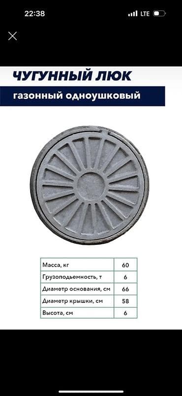 Чугунный люк газонный, одноушковый. Технические характеристики: - — 1