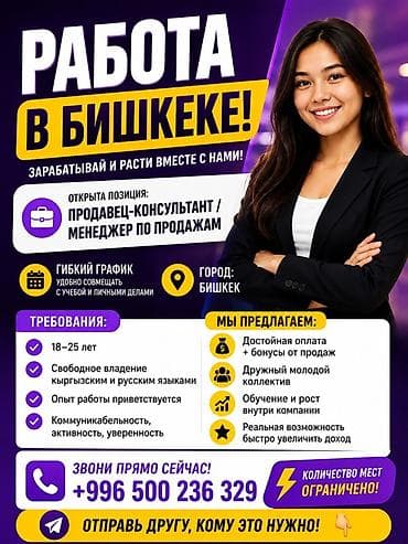 Работа: Вакансия: Продавец‑консультант / Менеджер по продажам Город: Бишкек — 1