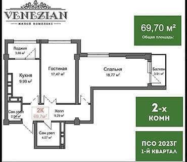 вичунай group kg: 2 комнаты, 70 м², 11 этаж — 4