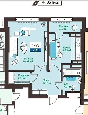 без ан: Строится, Элитка, 1 комната, 42 м² — 6