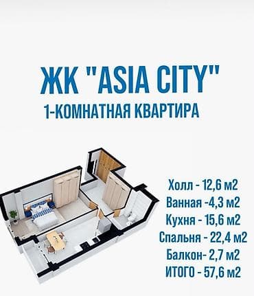 суточный квартира азия мол: 1 комната, 57 м², Азия Молл Элитка, 13 этаж, Евроремонт — 2