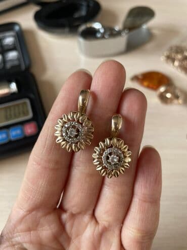 Золотые серьги-подвески «Подсолнухи» 💎Россия 585 💎Состояние: 9/10