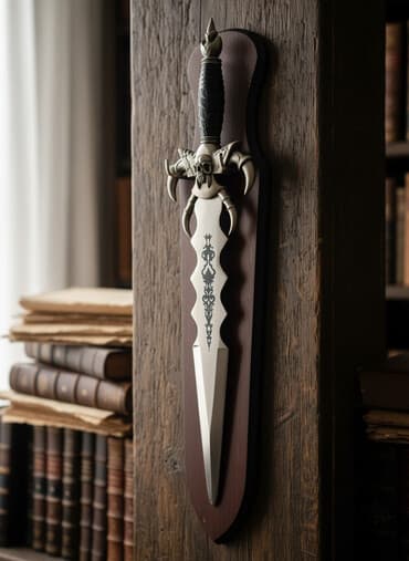 сувенирный меч: Декоративный кинжал с уникальным дизайном, закрепленный на деревянном — 1