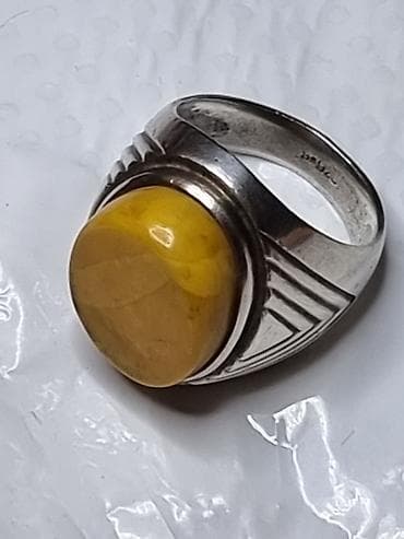 серебренное кольцо: Кольцо, Печатка, Проба 925, Унисекс, Янтарь, Новый — 1