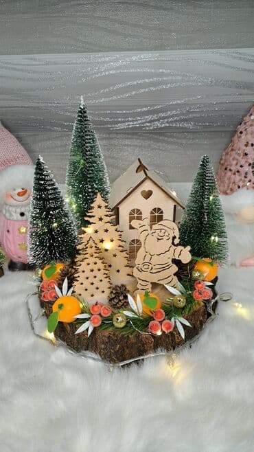 DecKsyu: Новогодняя декоративная композиция «Зимняя деревушка» на спиле дерева at lalafo.kg DecKsyu: Новогодняя декоративная композиция «Зимняя деревушка» на спиле дерева