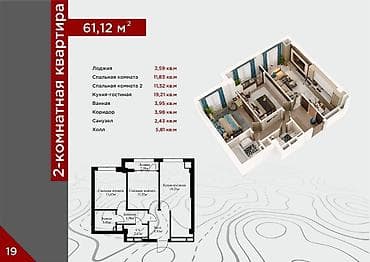 gala group: 3 комнаты, 61 м², Элитка, 2 этаж, ПСО (под самоотделку) — 1