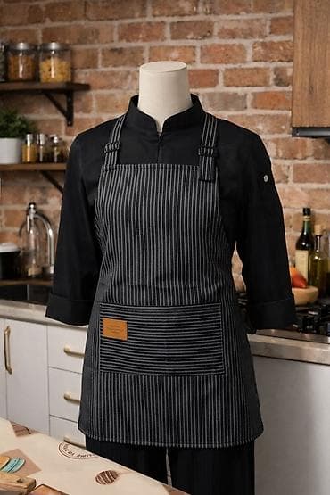 Фартук кухонный унисекс, черный в тонкую белую полоску. - Материал