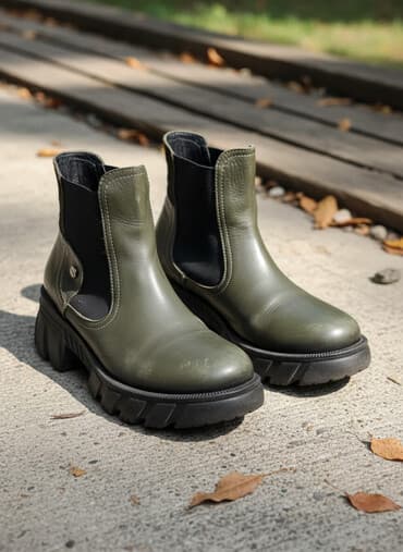 обувь рабочий: Кожаные челси, зимние сапоги на платформе. - Цвет: хаки/оливковый — 1