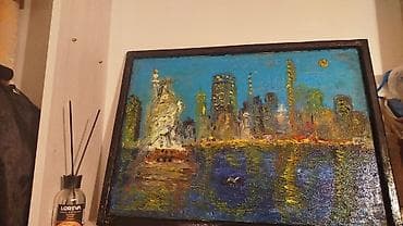 Картина «Ночной город у воды» — авторская живопись маслом на холсте