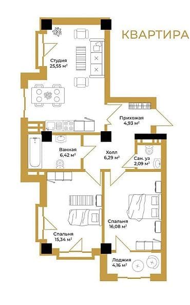 юг 2: 3 комнаты, 81 м², Элитка, 8 этаж, Готовая ПСО (под самоотделку) — 2