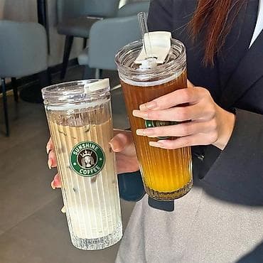 бокалы для сока: Высокие стеклянные стаканы Sunshine Coffee с крышкой и трубочкой - — 1