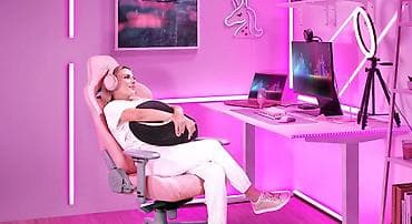 геймерское: Игровое кресло, Б/у, С колесиками, цвет - Розовый, Экокожа — 4