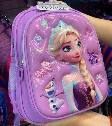 сумка для школы: Фиолетовый детский рюкзак с объемным изображением принцессы Эльзы — 3