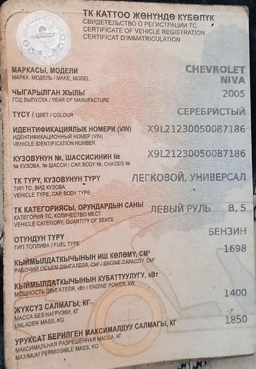 сокулук авто: Chevrolet Niva: 2005 г., Кол менен иштөөчү, Бензин, Жол тандабас — 6