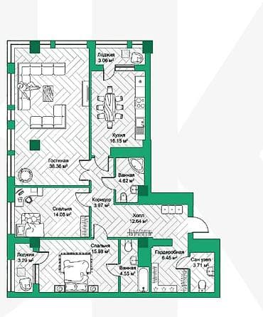 годаю: 2 комнаты, 74 м², Асанбай мкр Элитка, 12 этаж, ПСО (под самоотделку) — 6