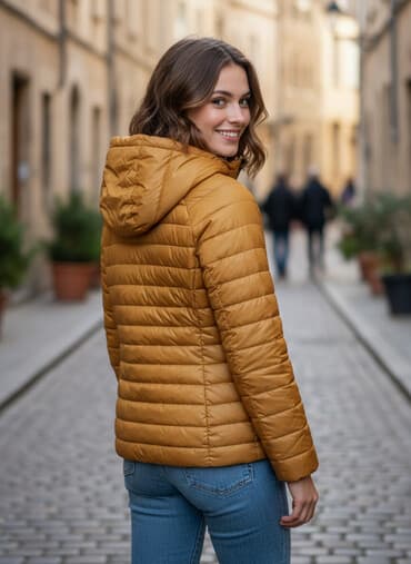 дордой женские куртки: Женская стеганая куртка с капюшоном, карамельного (горчично‑бежевого) — 1