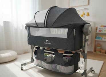 детские двухъярусные кровати металлические: Детская приставная кроватка, С колесиками, цвет - Серый — 1