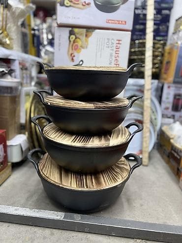 кухонный набор: Чугунные казаны/кастрюли HauseFit с деревянными крышками - Материал — 2