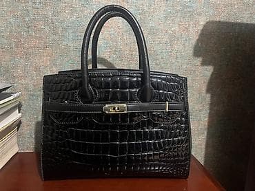 Женская сумка-тоут из гладкой эко-кожи под крокодила, черная, с