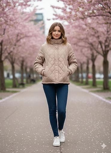 куртка стеганная: Стеганая куртка женская, демисезонная, бежевого (песочного) цвета — 2