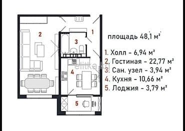1 комната, 48 м², Церковь 108 серия, 7 этаж, ПСО (под самоотделку) — 3