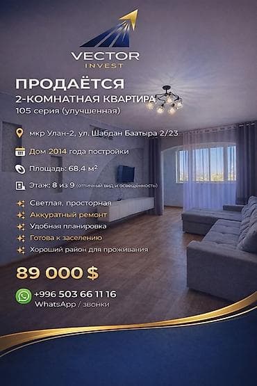 2 комнаты, 68 м², 105 серия, 8 этаж, Косметический ремонт