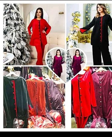 блузка с воланами: Женский велюровый костюм-двойка - Комплект: удлинённая рубашка на — 1