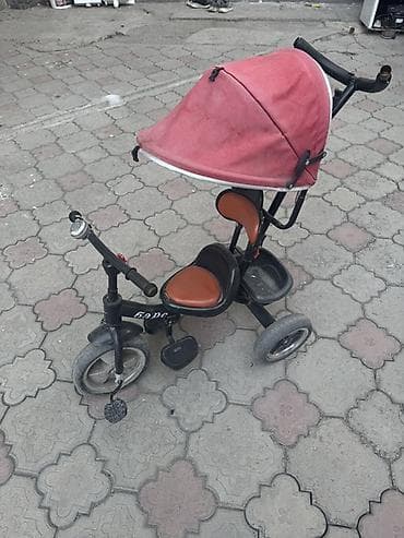 детский каток: Детский трёхколёсный велосипед с родительской ручкой и козырьком — 1