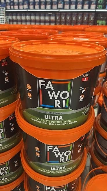 Матовая интерьерная краска Fawori Ultra в ведре с оранжевой крышкой at lalafo.kg Матовая интерьерная краска Fawori Ultra в ведре с оранжевой крышкой